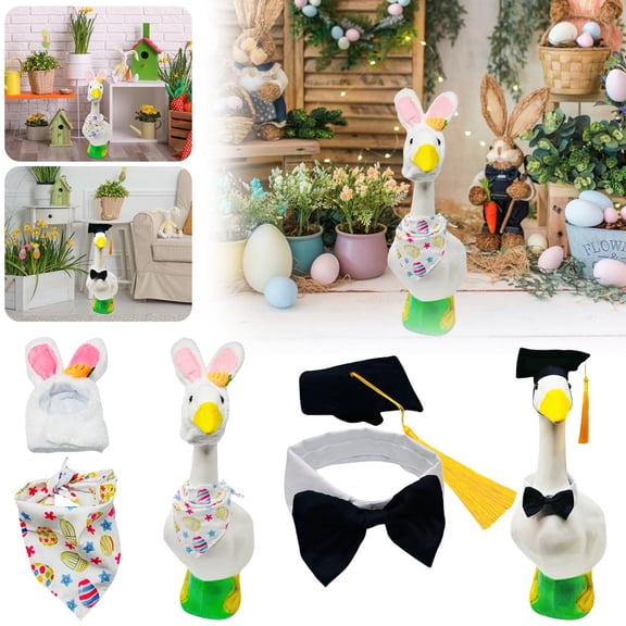 CoreLiving Easter Porch Goose Outfit with Soft Bunny Ear Headband and Colorful Floral Knit Scarf, Cute Spring Clothes Accessories for 23 Inch Large Cement or Plastic Lawn Goose Statue Decor