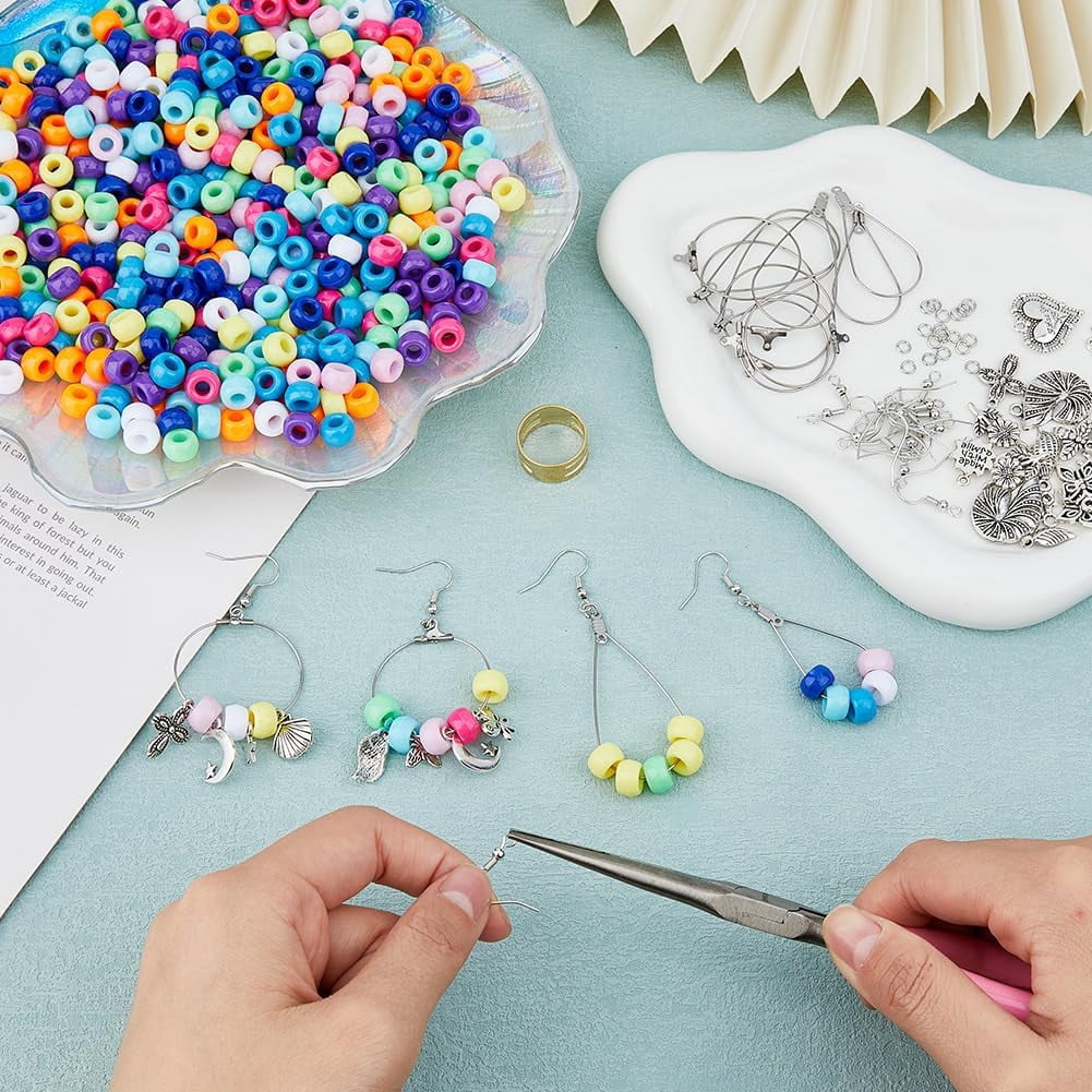 DIY Earring Making Kits Including Brass Earring Hooks Alloy & 304 Stainless Steel Wire Pendants Plastic Barrel Beads Pliers Moon & Star & Flower & Cross & Shell Shape Mixed Color 865Pcs/box