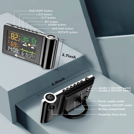 Projection Alarm Clock with Adjustable , Wireless Temp/Humidity Monitor, 180° Projector, Dual Alarms, Snooze Function for Bedside