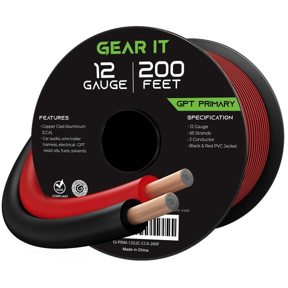 GearIT 12 Gauge Wire (200ft - Black/Red) GPT Automotive Primary Bonded Wire - Copper Clad Aluminum CCA - Car Audio, Speaker Wire, Trailer Harness, Electrical - 200 Feet Total 12ga awg