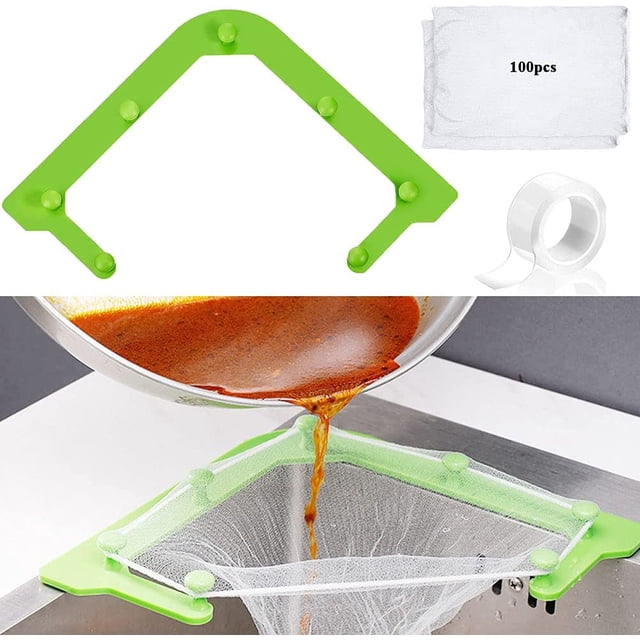 Sink Strainers Basket Triangle Sink Strainer Triangle Tri-Holder Filter 100 Pcs Mesh Bags Corner Sink Filter For Kitchen Food Waste Leftover Garbage (1 Holder + 100 pcs Filters + 1 Tape)