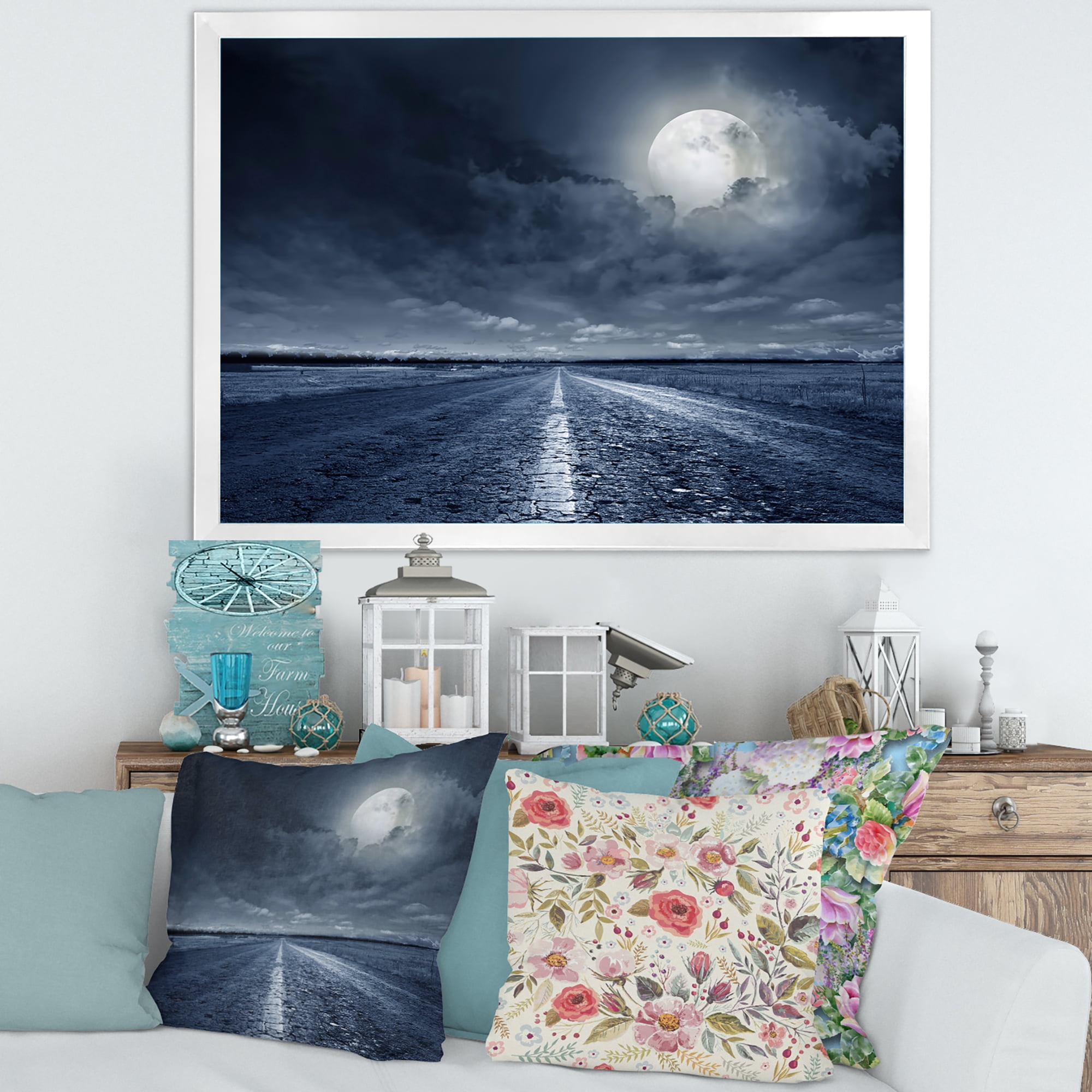 Designart 'Cloudy Full Moon Over Asphalt Road I' Nautical & Coastal Framed Art Print