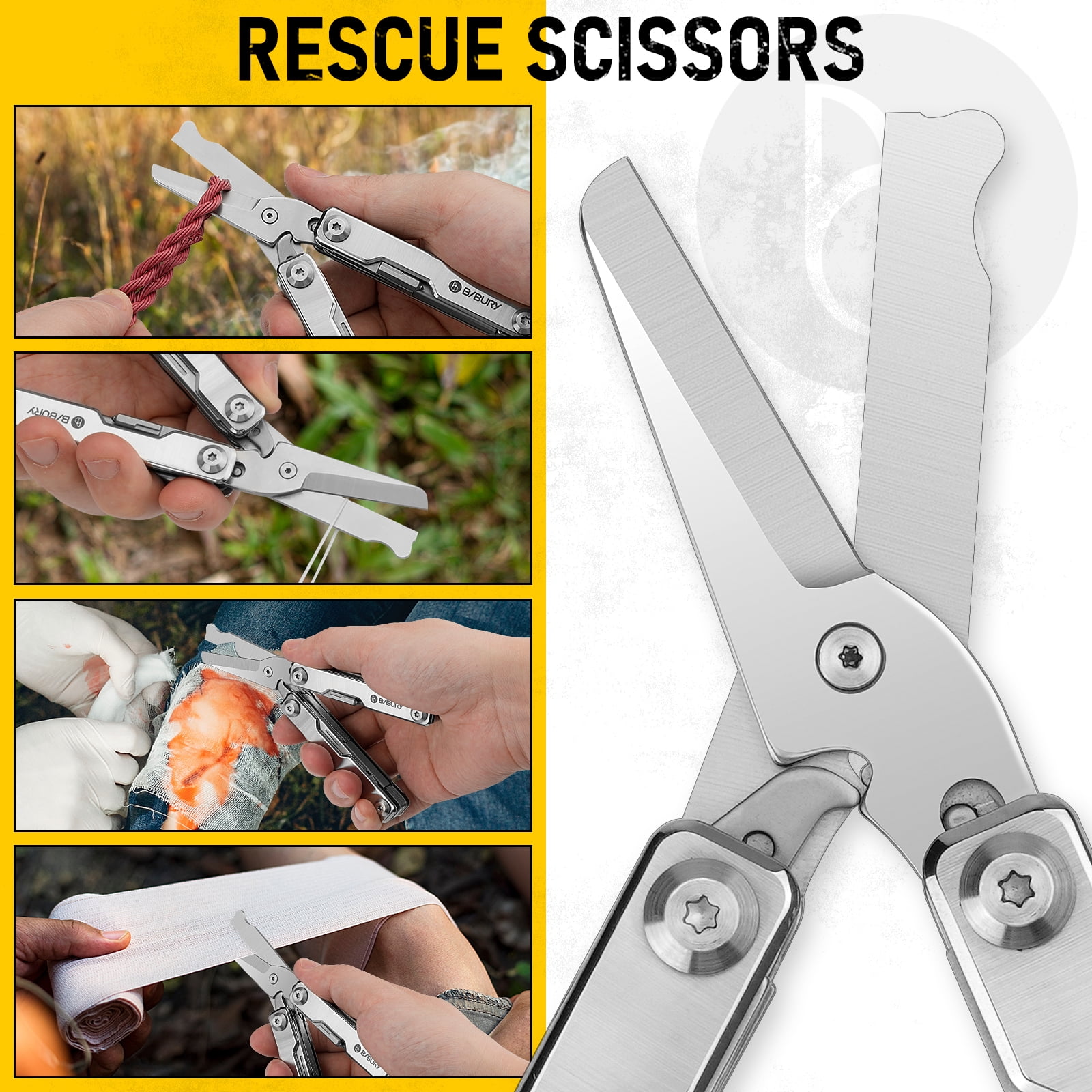 BIBURY Keychain Mini Multitool BI2052A, 8 in 1 EDC Scissors with Window Breaker, Seat Belt Cutter, Bottle Opener for Outdoor Survival, Mini Multi Tool with Pocket Clip, Gifts for Men and Women