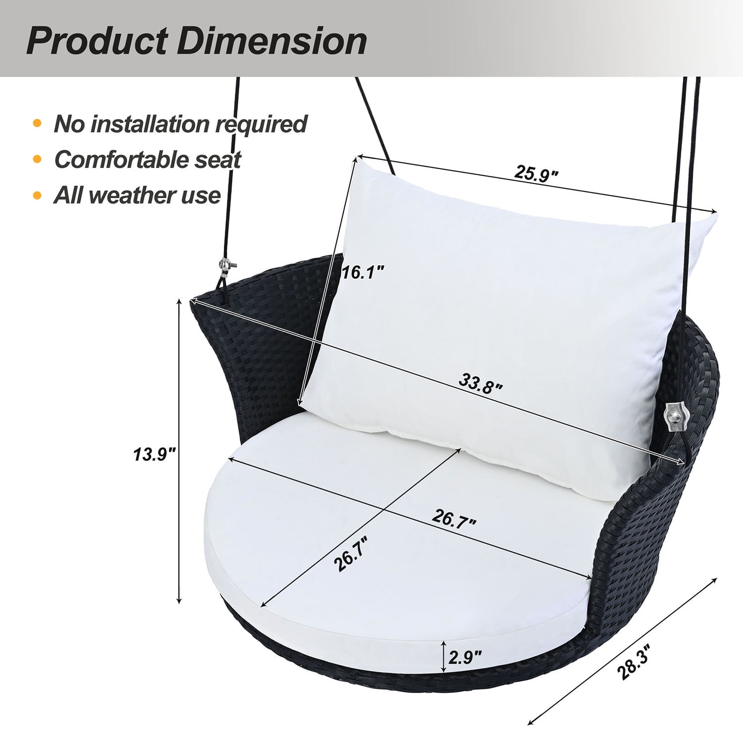 Kadyn 33.8" Single Person Hanging Seat, Rattan Woven Swing Chair With Ropes, Gray Wicker and Cushion, Wicker Porch Swing for Outdoor, Black White Kadyn 33.8" Single Person Hanging Seat, Rattan Woven Swing Chair With Ropes, Gray Wicker and Cushion, Wicker Porch Swing for Outdoor, Black White