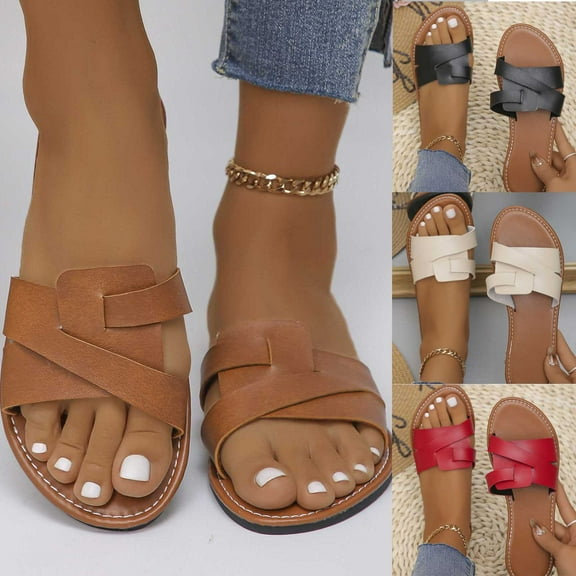 Sandals for Women 2025, Xunlbb Summer Plus-size Solid Flat Flat With Open-toed Beach Slippers(Black,Size:35)