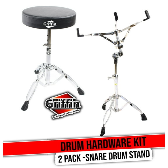 GRIFFIN Snare Stand & Drum Throne (2-Pack Set) | Chrome Percussion Hardware Kit with Double-Braced Lightweight Mount for Snares, Tom-Toms & Practice Pads | Slip-Proof Gear Tilter & Clamp Holder
