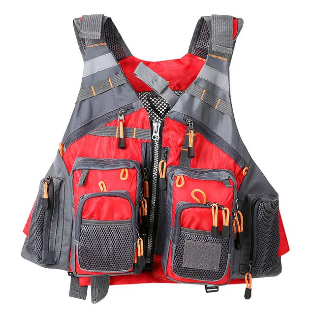 Chaleco con mosca Chaleco de malla con 13 bolsillos Soporte Gargantilla Cordón Bolsillo trasero con cremallera - rojo DYNWAVEMX Chaleco de pesca con mosca