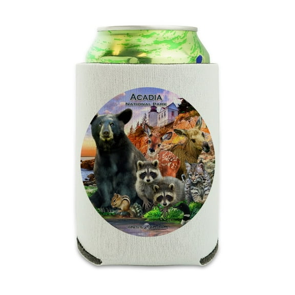 Acadia National Park Maine ME Animals Bear Racoon Deer Moose Can Cooler - Drink Sleeve Hugger Collapsible Insulator - Beverage Insulated Holder