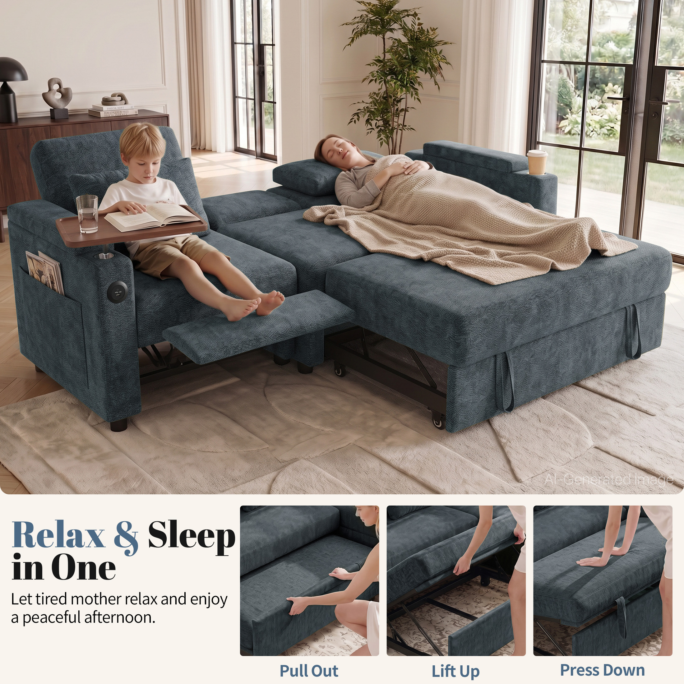 Aenkyo 81" 3-in-1 Convertible Sleeper Sofa with Pull Out Bed and Recliner, Adjustable Backrest, Blue