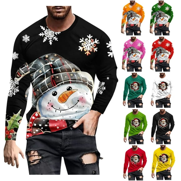 UVEASISHA en Solde T-Shirts de Noël à Manches Longues pour Hommes Drôle Snowman Imprimé Col Rond T-Shirt Graphique Hommes Grande Taille et Taille Forte Xmas T-Shirts Muscle Coupe Ajustée Chandail d'Entraînement Orange m