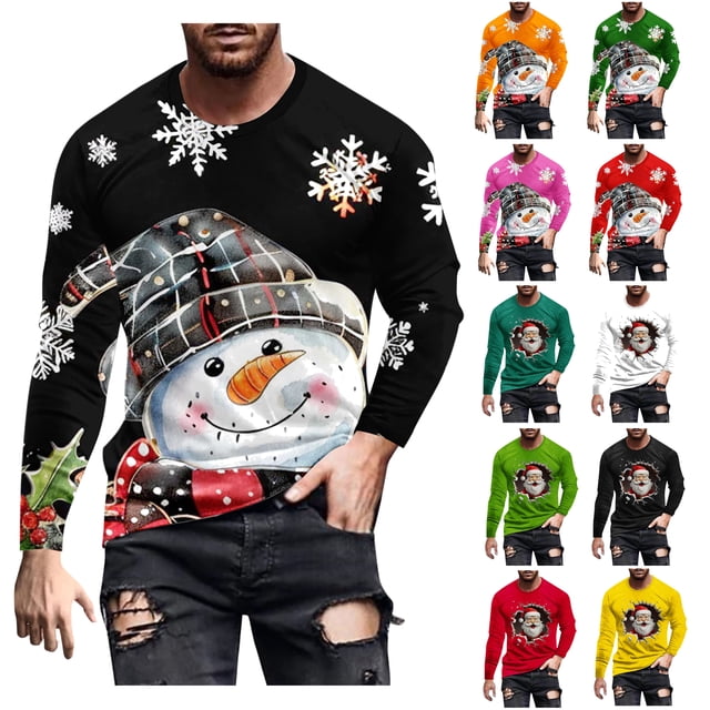 UVEASISHA Liquidation à 90 % de Rabais T-Shirts de Noël Grande Taille pour Hommes T-Shirts Graphiques Nouveauté Xmas Impression 3D Manches Longues Col Rond Hauts Chandail Hommes T-Shirts de Noël Amusants Rouge m
