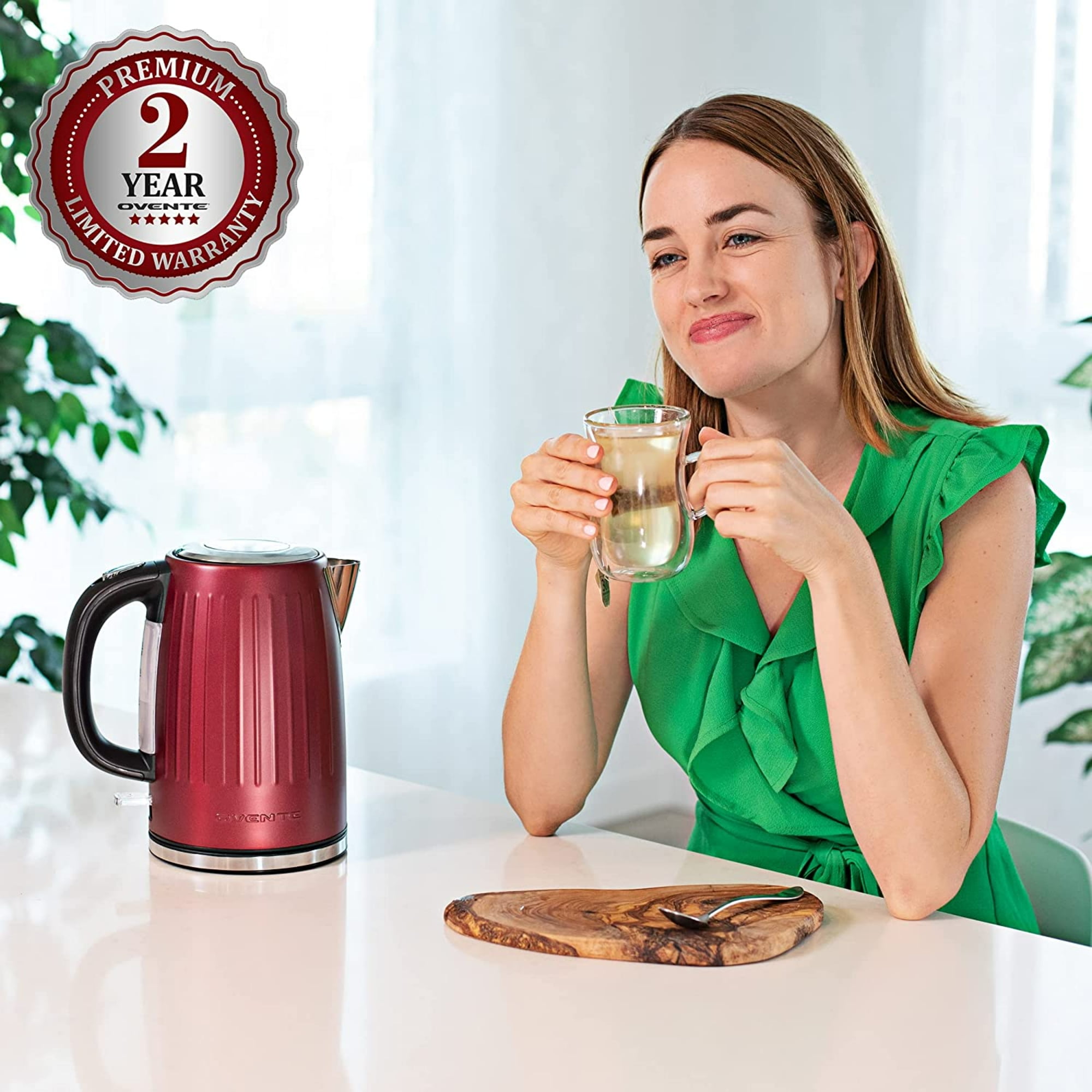 OVENTE Electric Kettle, 1.7L Stainless Steel Fast Boiling Water Heater with 1750W Power, BPA Free & Cordless Body, Auto Shut-Off, Boil-Dry Protection, Indicator Light & Removable Filter, Maroon KS711