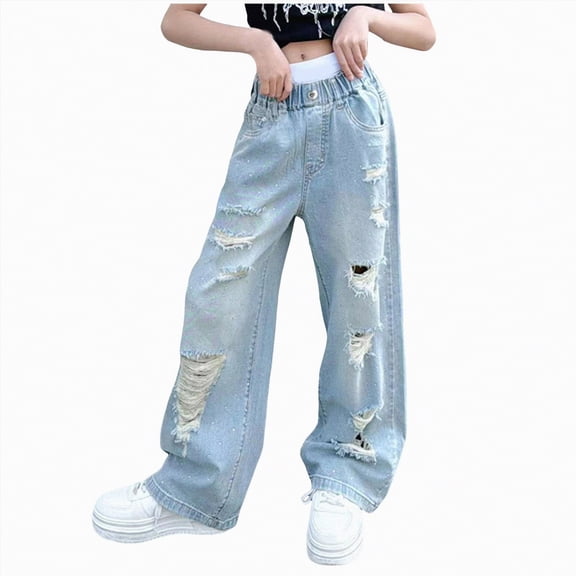 NOLDARES Girl's Applique Elastic High Waist Jeans Baggy Wide Leg Loose Denim Pants with pockets(Blue,4-5 Years)