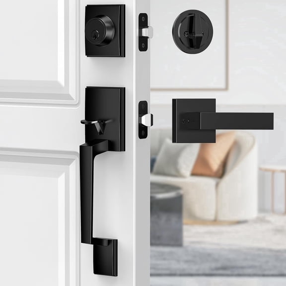 Front Door Lock Set with Handle and Deadbolt, Black Exterior Door Handle with Lock, Reversible Zinc Alloy Entry Door Lever for 1.4"-1.8" Thick Doors