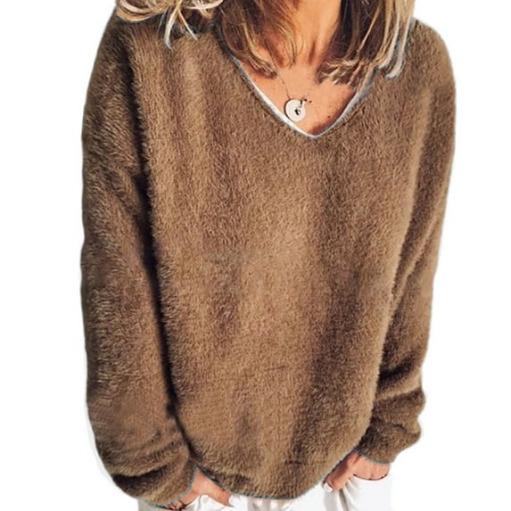 Women Long Sleeve Round Neck Sweater Fluffy Fuzzy Acrylic Pullover Tops Chunky Knitted Solid Color Oversized Loose Jumper