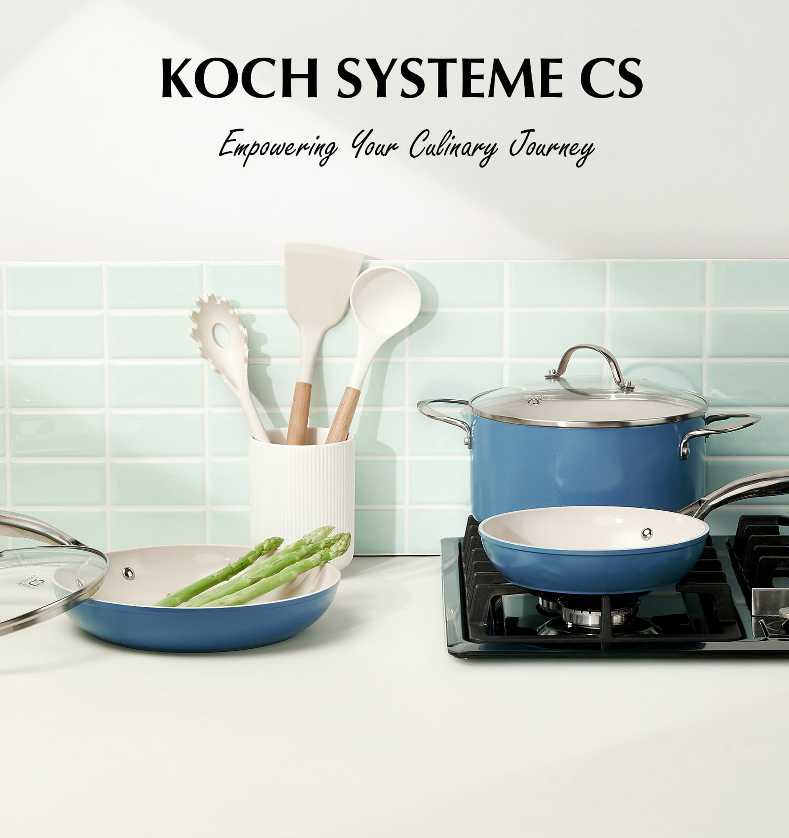 Koch Systeme CS 10 inch Ceramic Coating Frying Pan with Lid, Nonstick Skillets with Stainless Steel Handle, Even Heat, Oven and Dishwasher Safe, Blue