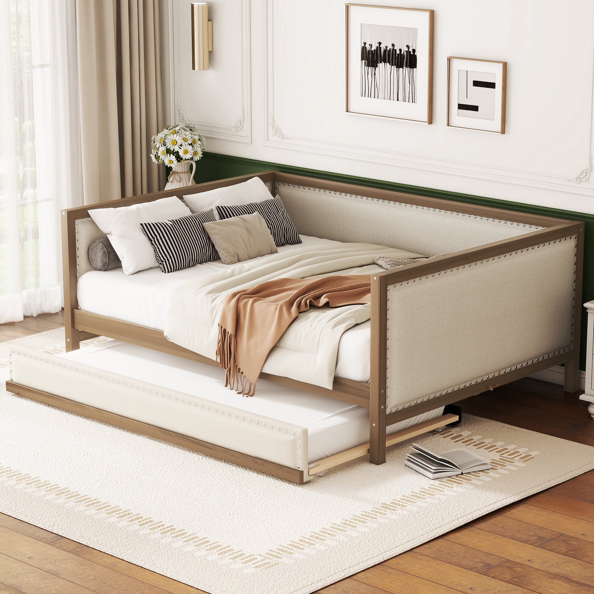 Euroco Upholstered Daybed with Trundle Bed, Full Size Nailhead Sofa Bed, Wood