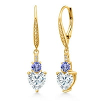 Gem Stone King 18K Yellow Gold Plated Silver White Moissanite Blue Tanzanite and White Lab Grown Diamond Drop Dangle Earrings for Women (3.23 Cttw, Heart Shape 7MM, Round 4MM)