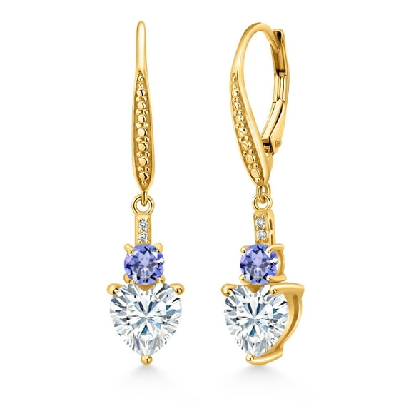 Gem Stone King 18K Yellow Gold Plated Silver White Moissanite Blue Tanzanite and White Lab Grown Diamond Drop Dangle Earrings for Women (3.23 Cttw, Heart Shape 7MM, Round 4MM)