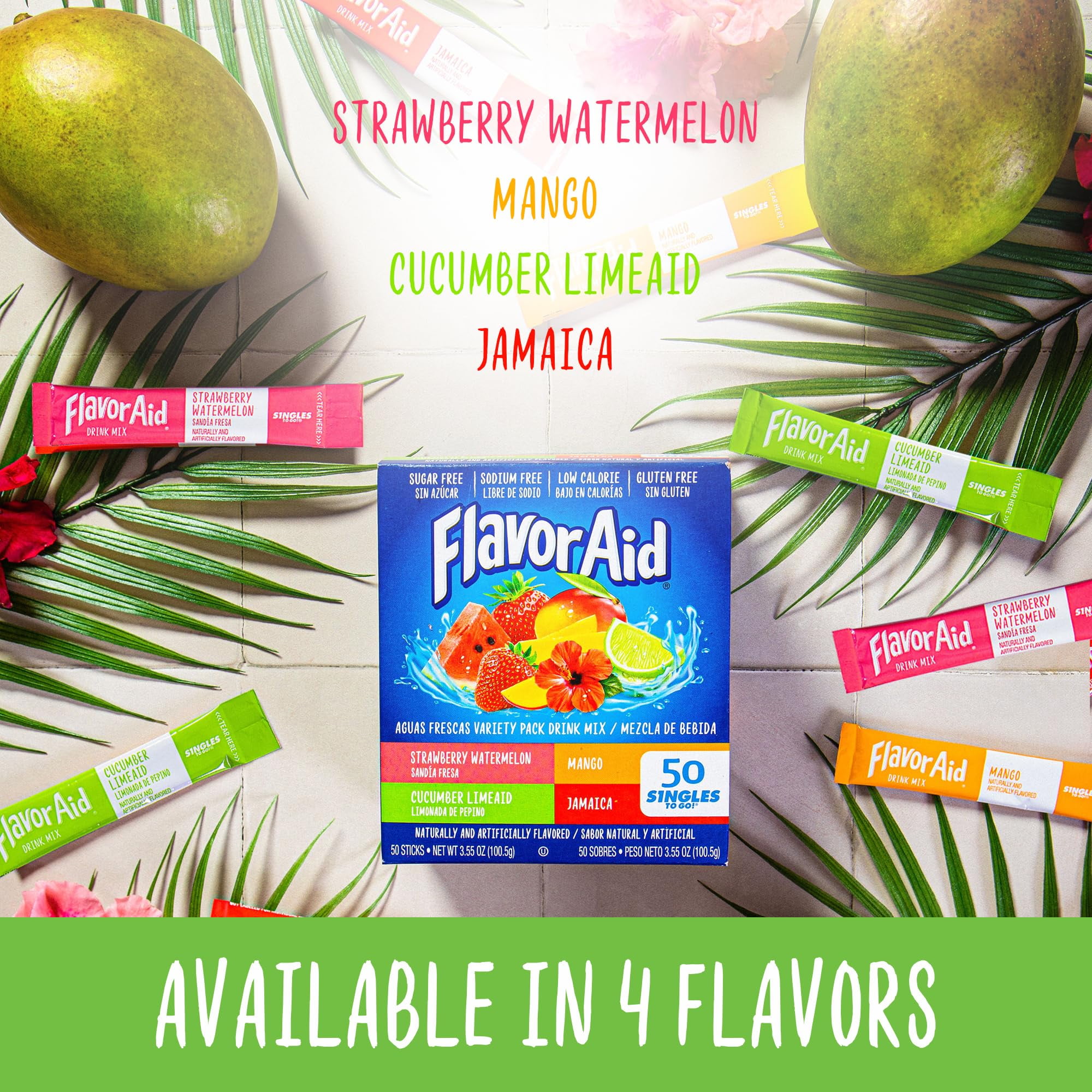 Flavor Aid Aguas Frescas Singles To Go Powdered Drink Mix Variety Pack, Strawberry Watermelon, Mango, Cucumber Limeaid, Jamaica, Sugar-Free, 50 Count Packets