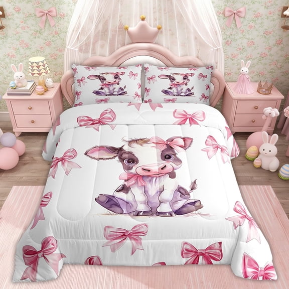 Erosebridal Bowknot Milk Cow Animal Bedding Twin Comforter Set, Princess Style Comforter for Kids Girls, Pink Reversible 2 Pieces
