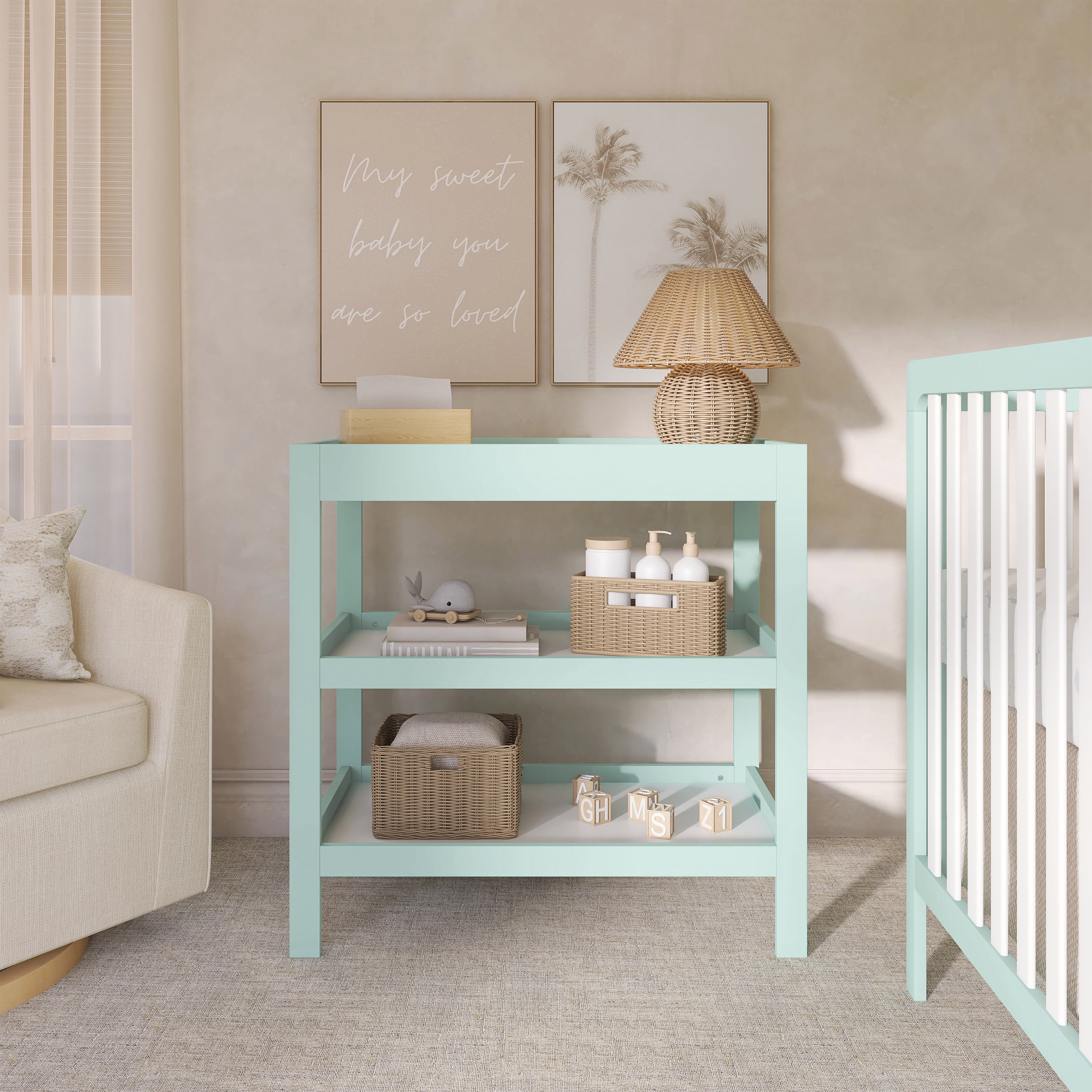 Dream On Me Ridgefield 2 Shelf Changing Table, New Zealand Pinewood, Mint and White