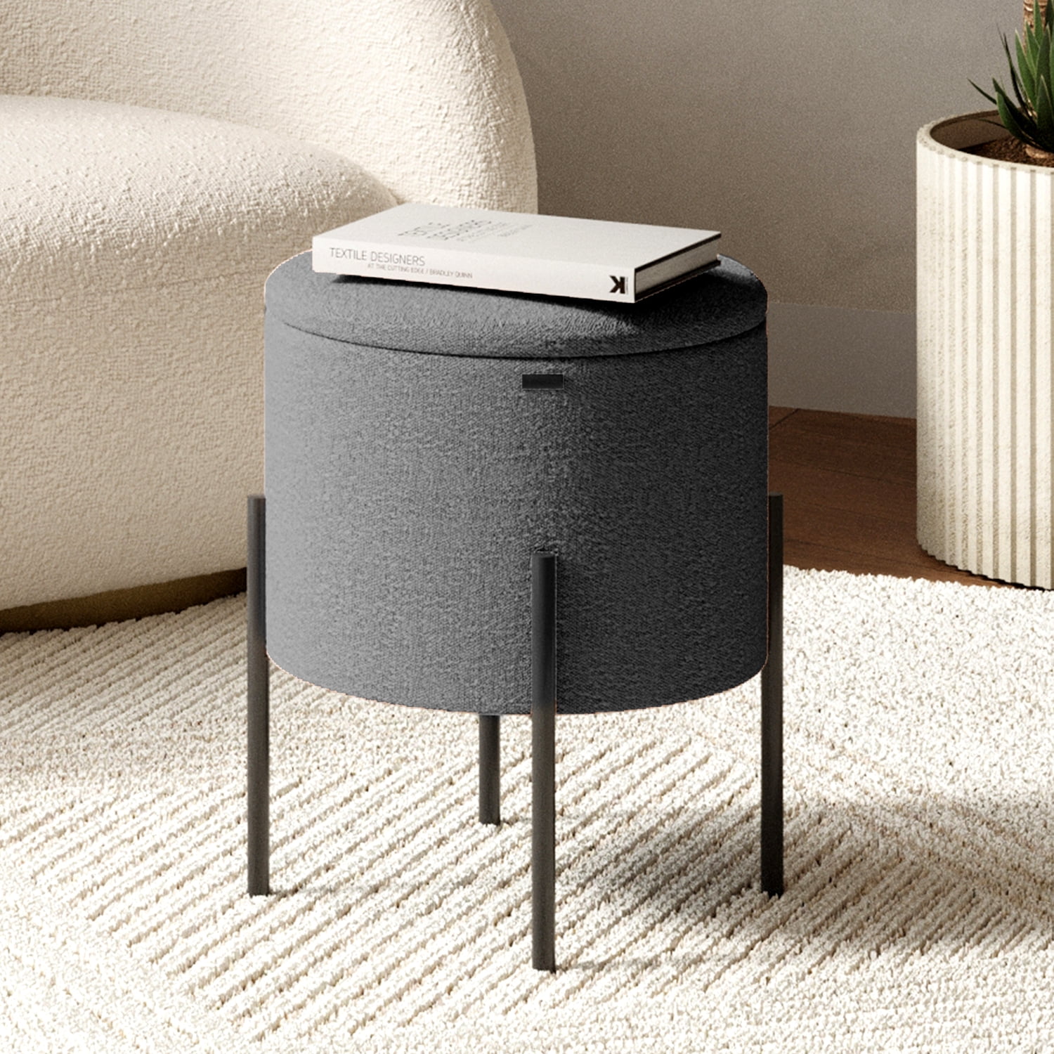 LammaLoe Small Round Ottoman with Storage, Boucle Ottoman Foot Stool with Lid, Upholstered Vanity Stool for Living Room & Bedroom, Grey