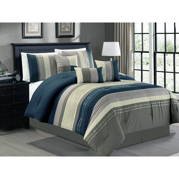 7-Pc Pleated Stripe Dotted Lines Embroidery Comforter Set Gray Navy Blue Silver Beige King