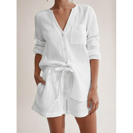 

100%Cotton Autumn Sleepwear Suits With Shorts Pijama Pocket Nightwear Single Breasted Women s Nightgown Full Sleeve Women Pajama