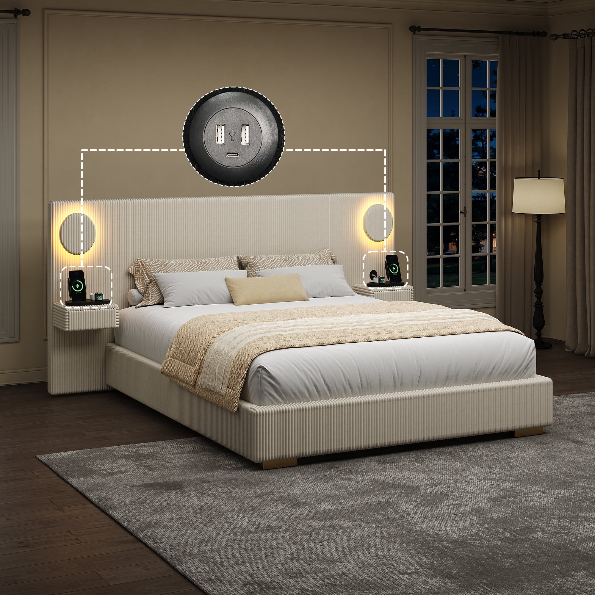 Euroco Upholstery Queen Size Platform Bed with LED Light and Drawers, High Headboard Design with Bedside Tables and USB Ports, No Box Spring Needed, Beige