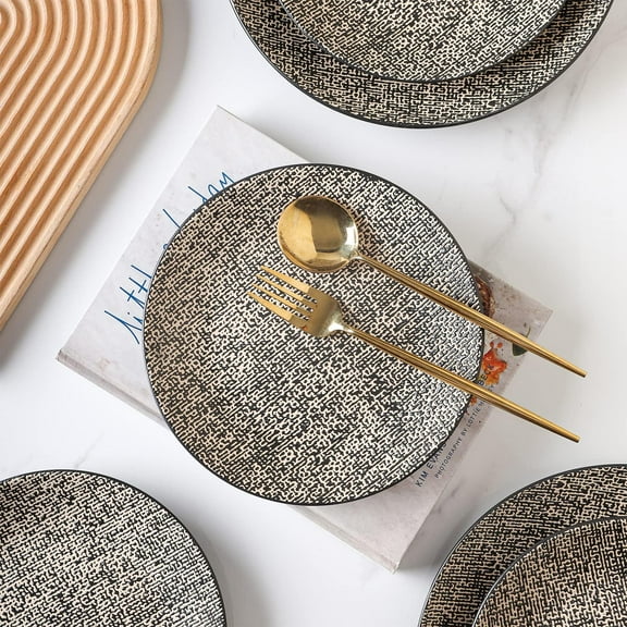 Brown/Black Stoneware Dish Set, 4 Salad Plates - , Microwave & Dishwasher Safe