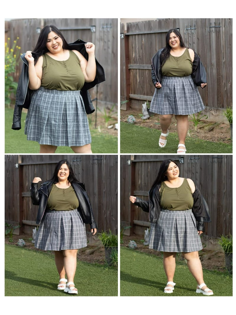 TIYOMI Plus Size Skirts Grey Plaid Stretchy Buttons Hidden