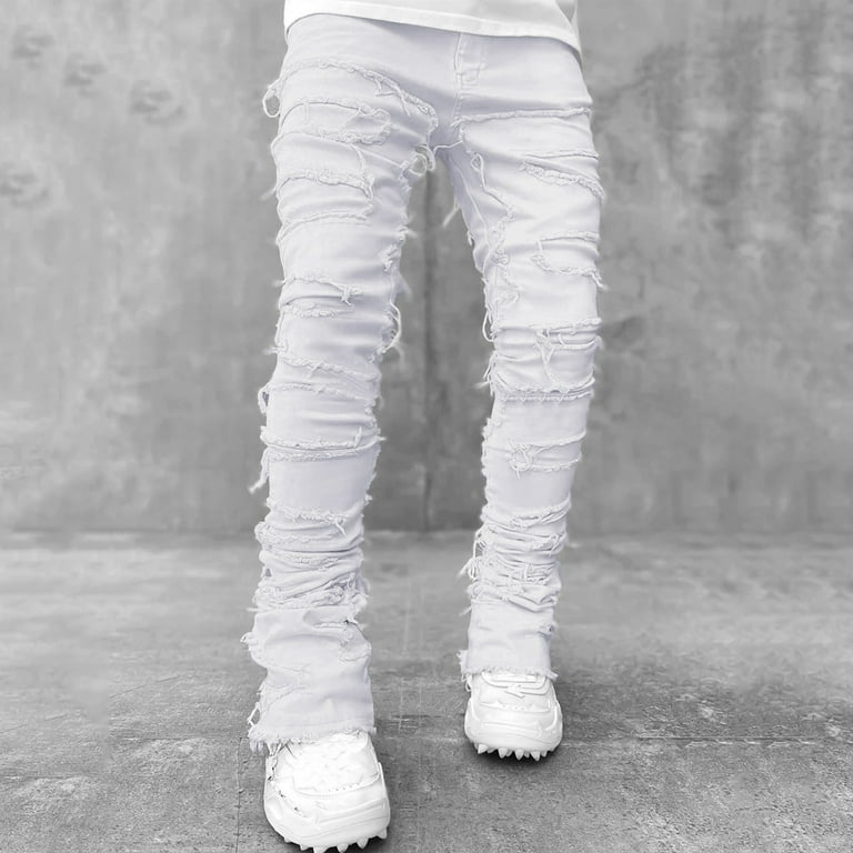 White Ripped Design Slim Fit Jeans Men's Casual Street Style
