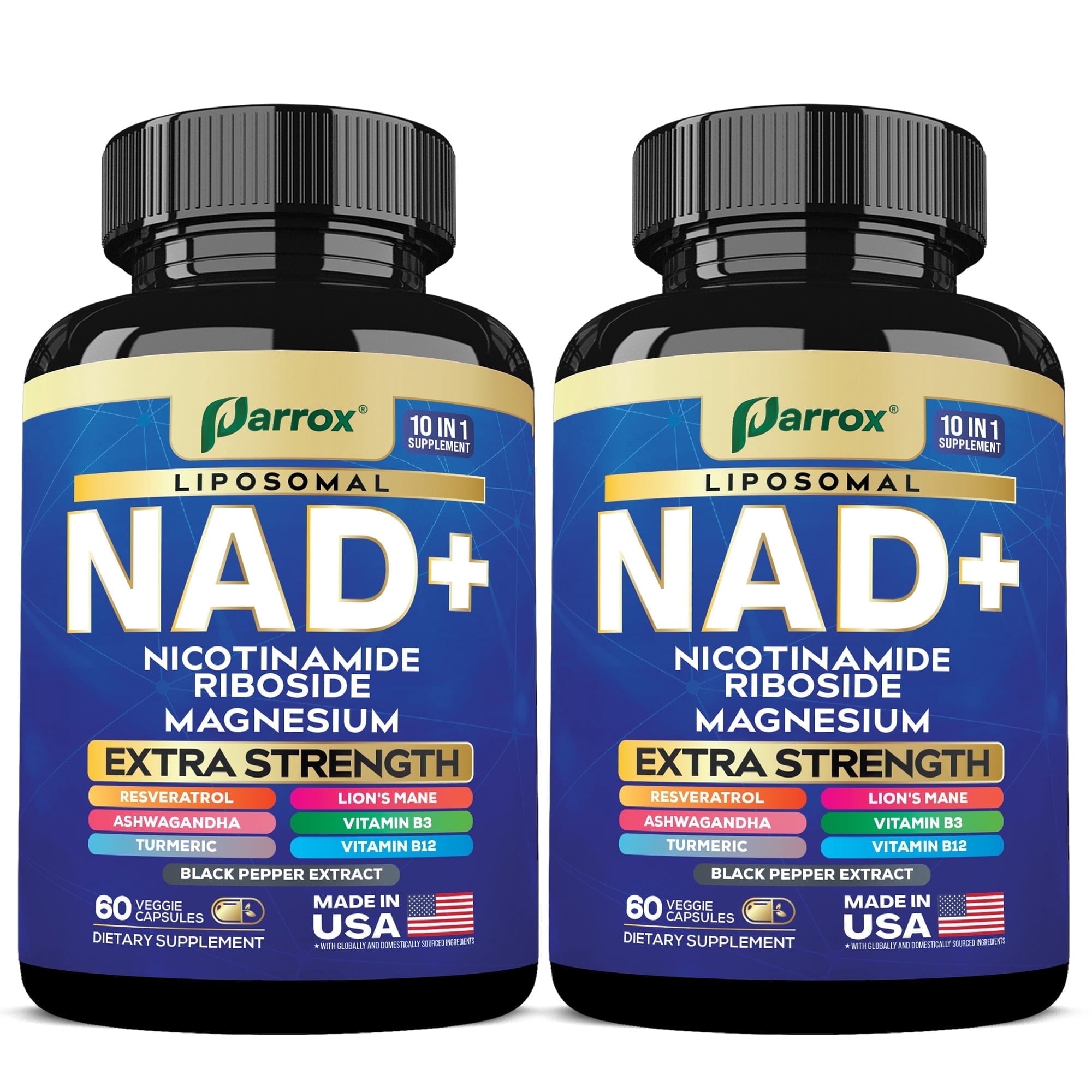 Parrox NAD+ Supplement with Vitamin B3 & B12, Magnesium, Resveratrol, Niacinamide, Turmeric, Ashwagandha, Lion’s Mane, Black Pepper Extract, Liposomal NAD, 10-in-1 Extra Strength (2 Pack)
