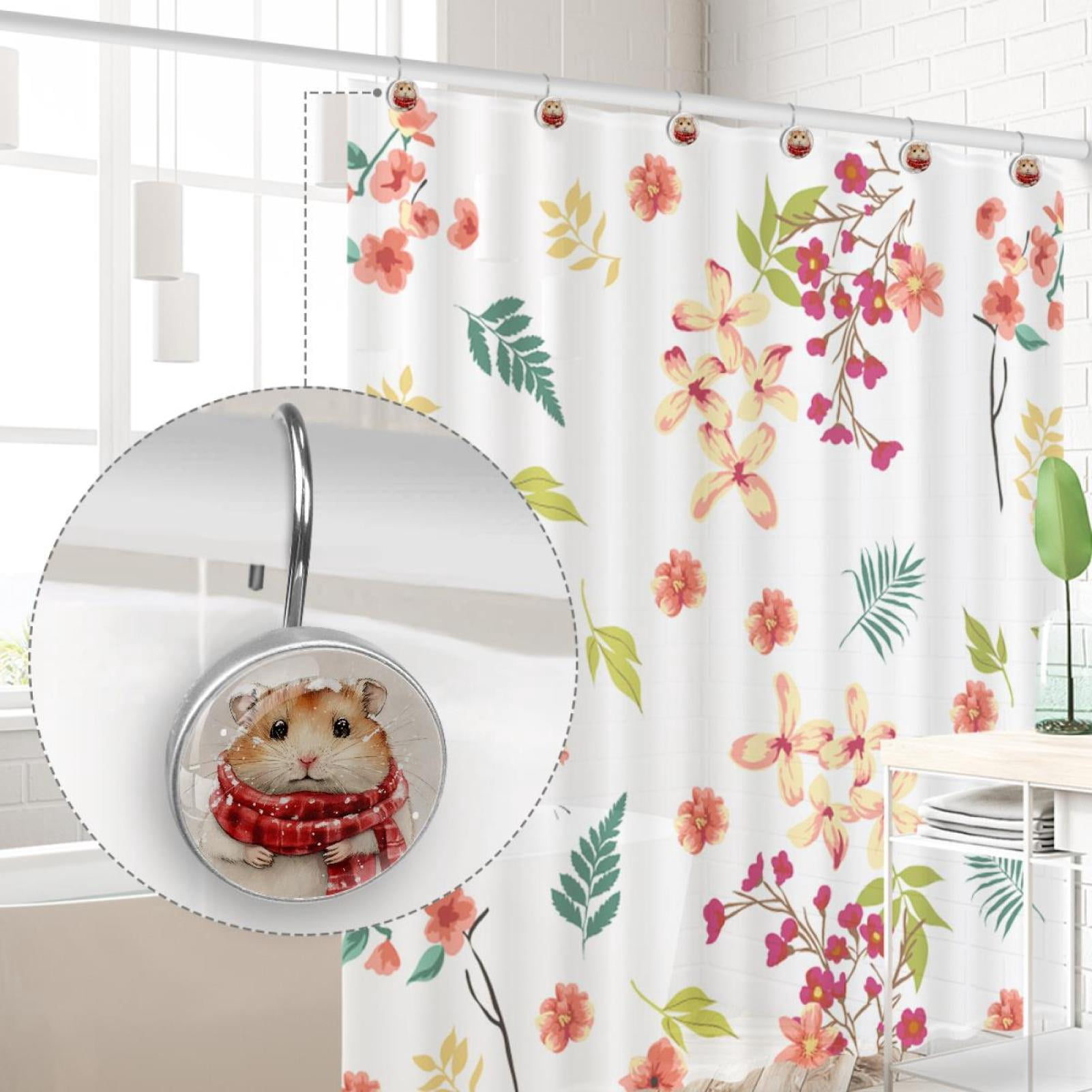 Red Checked Scarf Hamster Shower Curtain Hooks Round Crystal Glass, Set of 12 Shower Curtain Rings - Shower Hooks for Curtain Shower Rings