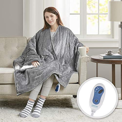 Comfort Spaces Plush to Sherpa Heated Wrap Blanket, Grey, 2 Piece Set