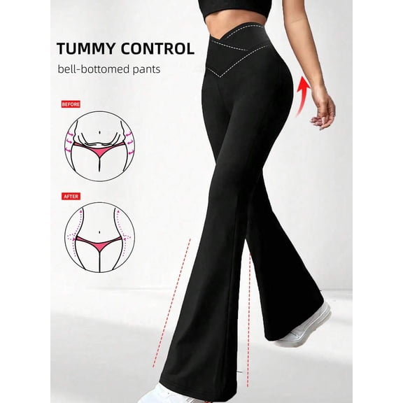 Women's Crossover Waist Flare Pants,   Solid Color Sports Yoga Pants, Crossover Waist Unique Casual Long Pants, Suitable For All Seasons Solid Color Tight Sports Pants,