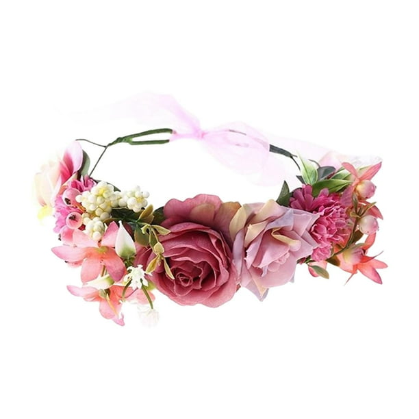 Corona de flores con cinta para bodas, guirnalda para la cabeza, accesorios para el cabello 23 cm de diámetro