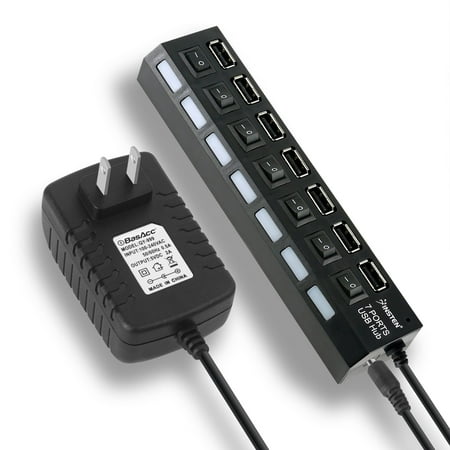 Insten 7-Port USB Hub with ON / OFF Switch Adapter LED Light (+ 5V Power Adapter 2A AC Wall ) - (Best Non Powered Usb Hub)