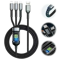 100W USB C Fast Charging Cable 4ft Nylon Braided, Triple Head LED Digital Display with Type-C/Micro USB for iPhone Samsung Android Multi-Port Charging