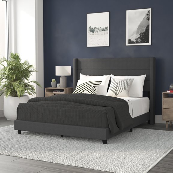 BizChair Hollis Wingback Upholstered Platform Bed, Charcoal, Queen