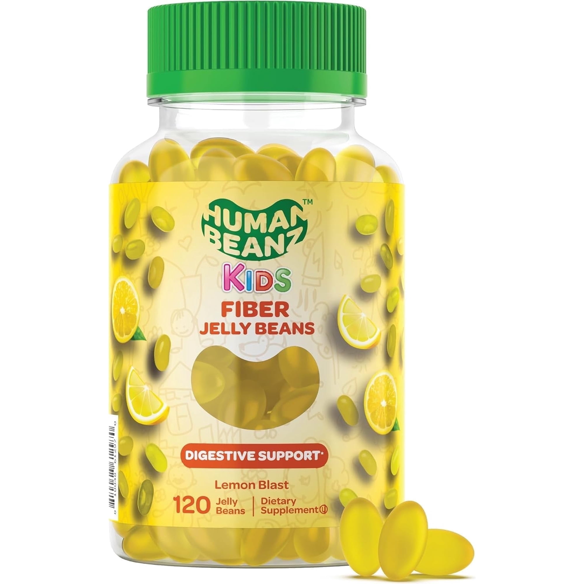 Human Beanz Kids Fiber Jelly Beans, Prebiotic Fiber Gummies for Children, Digestive Health Supplement, Vegetarian Gluten-Free Kosher Halal Non-GMO, 120 Lemon Gummies