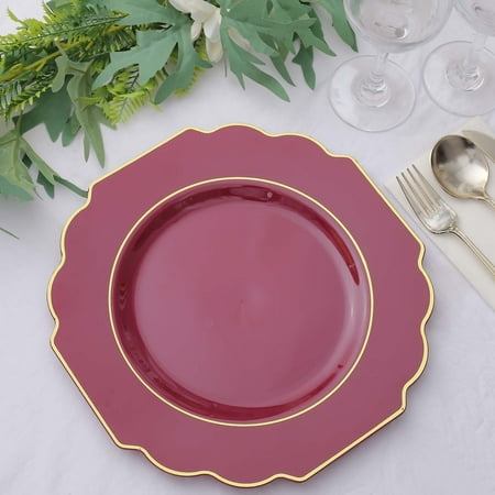 

Efavormart 10 Pack | 11 Burgundy Hard Plastic Dinner Plates Disposable Tableware Baroque Heavy Duty Plates with Gold Rim
