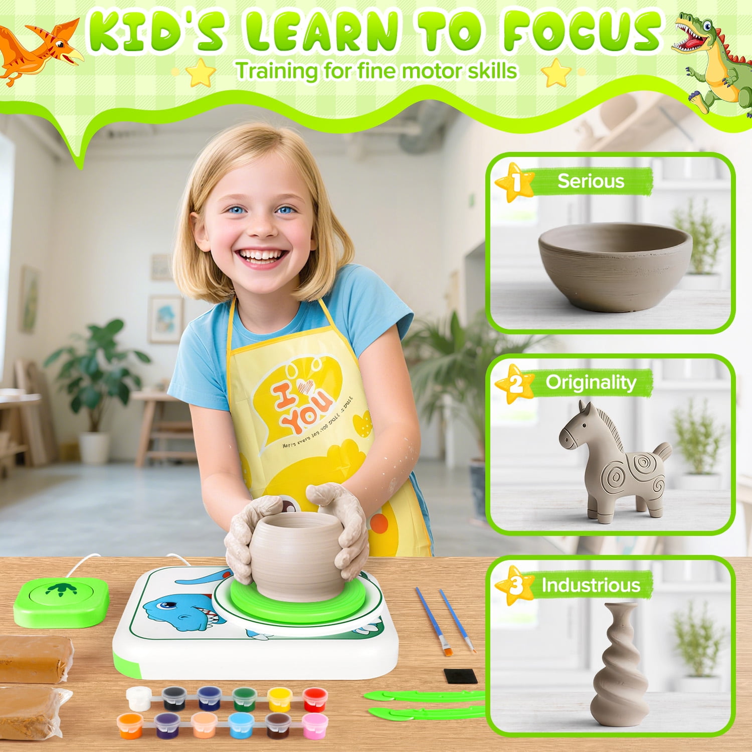 Huge Wave Pottery Wheel for Kids, Dinosaur Arts and Crafts Kit with 4 Clays, Air Dry Sculpting Clay and Craft Paint Toy Kit, Ideal Birthday Gifts for Aged 6-12