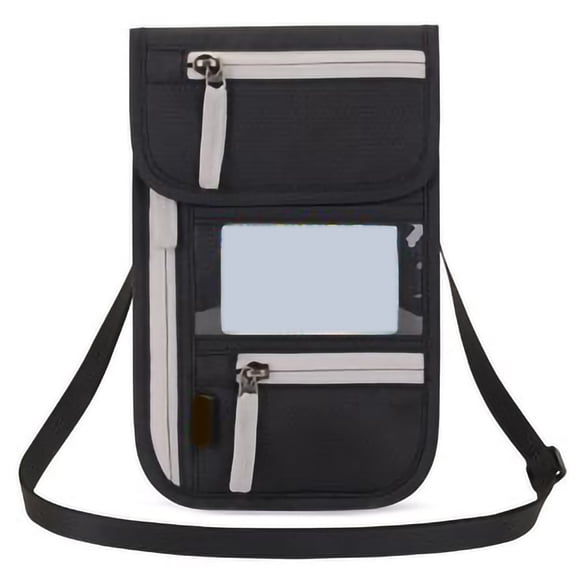 Hanging Neck Passport Bag Nylon Passport Credit ID Card Bag Secure Badge Holder Black
