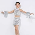 thumbnail image 2 of XIMIN Girls Two Piece Sleeveless Dancewear Metallic Sequin Latin Dance Outfit Set with Tassel Gloves Shiny Halter Crop Top Holographic Short (3-4 Years, Silver), 2 of 8
