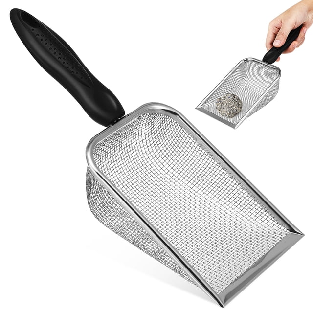 Pala para arena de gatos, recogedor de arena para gatos de acero inoxidable, con agujeros pequeños, caja de arena con mango largo, tamiz de arena para gatos, esencial para gatos