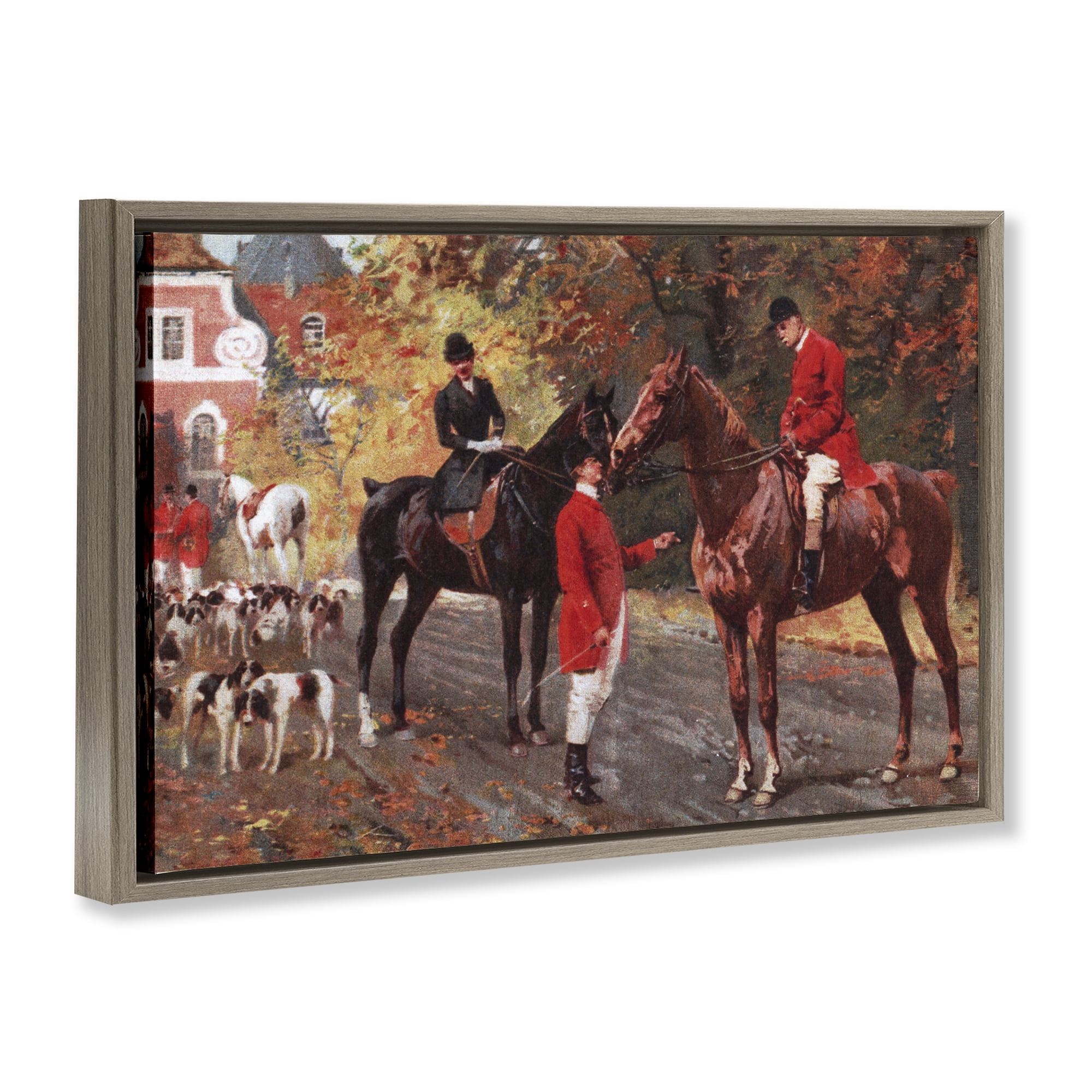 Stupell Industries Vintage Horses & Jockeys People Painting Brown Floater Framed Canvas Art Print Wall Art, 31 x 21