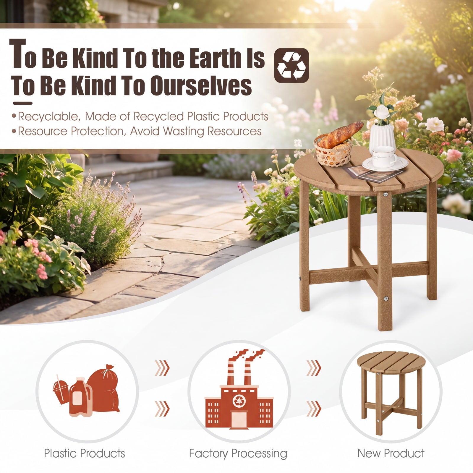 Furnibear 18 Inch Round Weather Resistant Adirondack Outdoor Side Table with Slatted Top for Patio Deck and Garden Seating, Brown