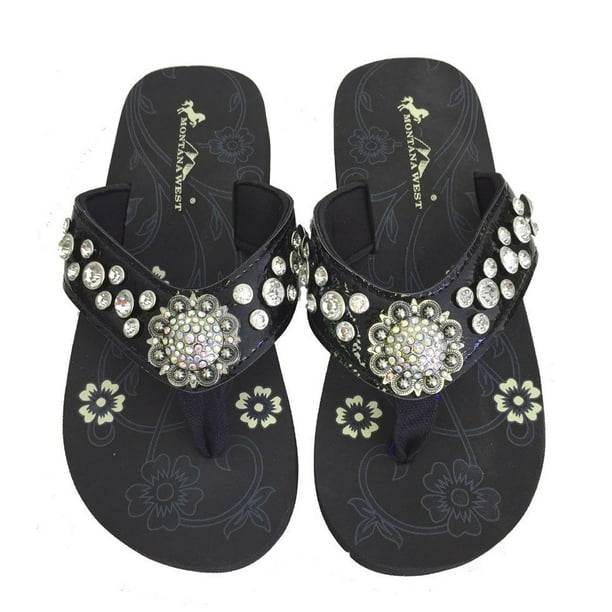 Montana West Patent Leather Rhinestone Flip Flops Black 6